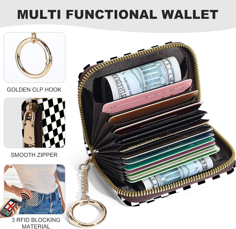 Luoycxy Credit Card Holder for Women,Small Rfid Wallet with Keychain Zipper,Cute PU Leather Card Case Wallet，Accordion Credit Card Wallets Gift,Checkered Pattern - Image 2